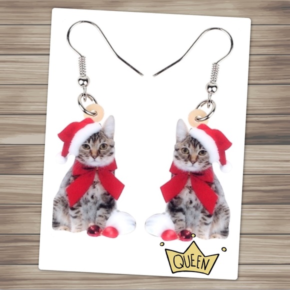 Christmas Cat with Bow Ornament Acrylic Earrings - Picture 2 of 6